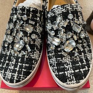 Kate Spade Embellished Tweed Slip-On Sneakers - Black & White